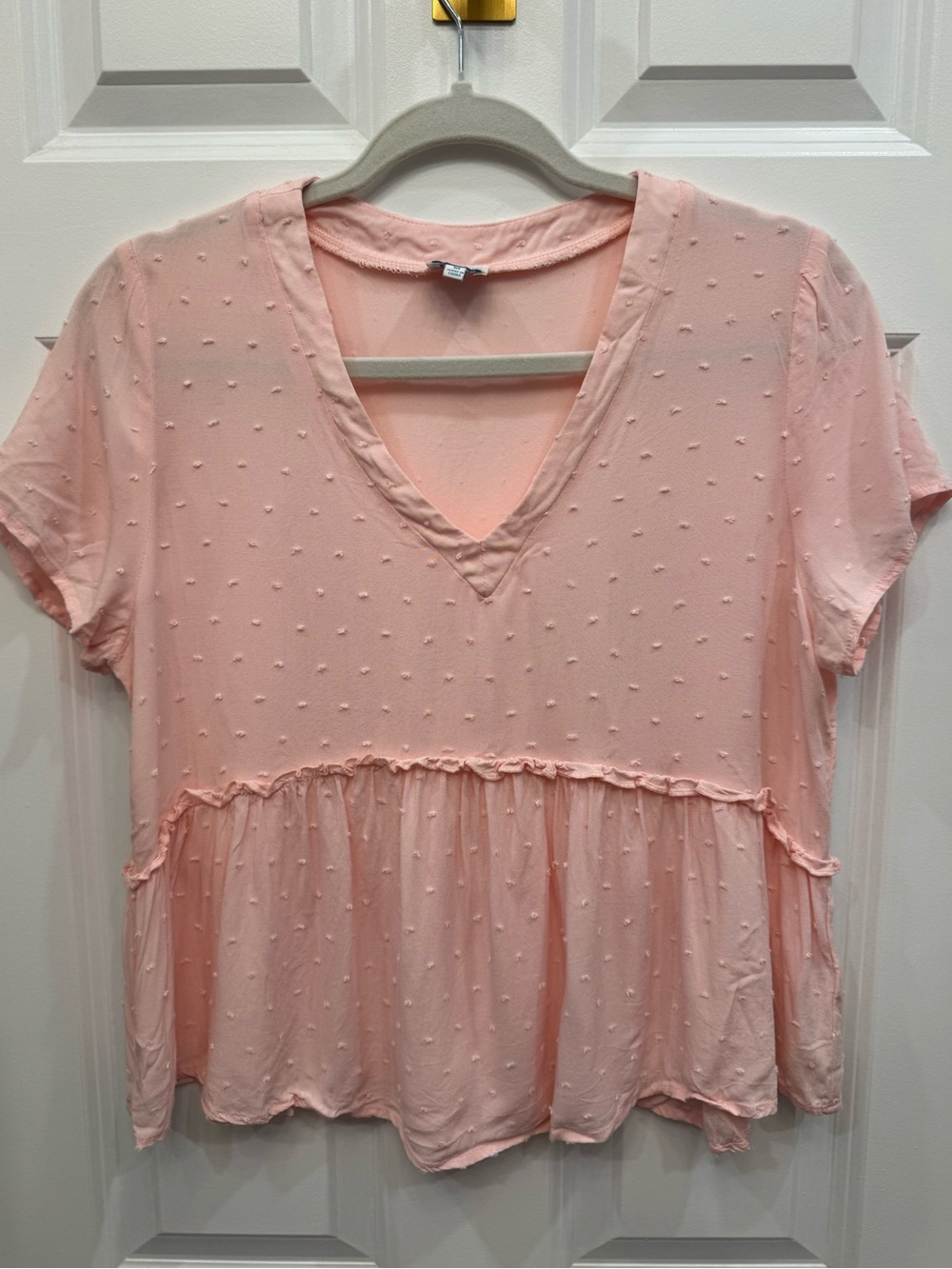 Francesca's x blue rain Collection Light Pink Swiss Dot V-Neck Peplum Blouse